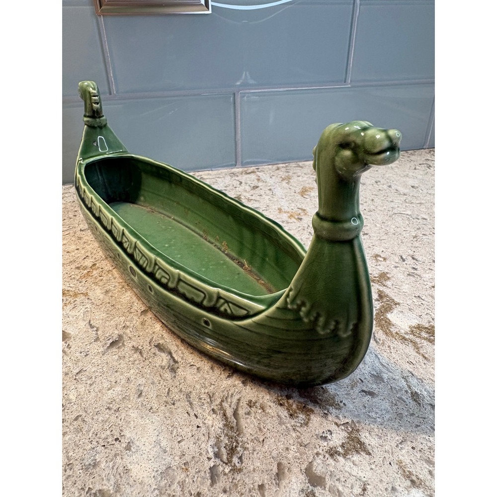 Vintage Green Ceramic Viking Longship Planter Dragon Boat Centerpiece 15 Inch - Picture 3 of 11